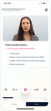 Mobile screen showing a Medbridge video lesson on edema with navigation buttons.