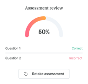 Assessment page on medbridge showing a 50% result with a gauge and retake button.