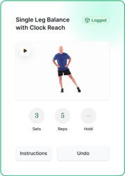A person in athletic wear balances on one leg showing a healthcare exercise with 3 sets, 5 reps, and medbridge options.