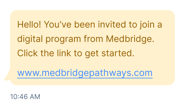 A message bubble invites the user to join medbridge’s digital healthcare program with a link and a 10:46 AM timestamp.