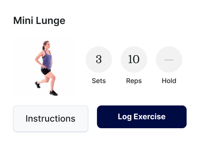 Woman doing a "Mini Lunge" exercise with Medbridge options for instructions and logging.