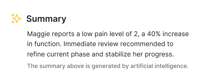 Summary shows Maggie’s pain at 2, function up 40%, and notes AI and medbridge software support for hybrid care.