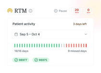 Medbridge dashboard showing patient activity Sep 5–Oct 4, two IDs, and a timer at 20:00.