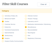 Filter skill courses by topics with checkboxes; clear all option available on medbridge.