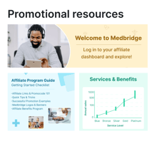 Flyer featuring a smiling person with headphones, an affiliate program guide, and a services chart for digital healthcare solutions from medbridge.