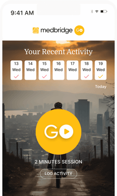 Medbridge app interface featuring a calendar, progress checks, and a 'Go' button over a cityscape at sunrise.