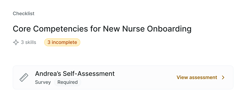 Checklist titled "Core Competencies for New Nurse Onboarding" with incomplete skills and a required self-assessment, displayed in medbridge's digital tool.