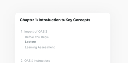 Screenshot of a document titled "Chapter 1: Introduction to Key Concepts," covering topics such as "Impact of OASIS" and "OASIS Instructions" with sections for lectures and assessments, associated with medbridge.