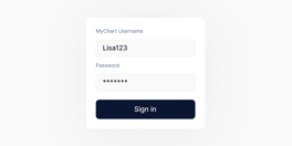 Login screen for Medbridge with fields for MyChart Username "Lisa123" and concealed Password, plus a "Sign in" button.