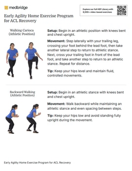 A medbridge guide shows Walking Carioca and Backward Walking exercises for ACL recovery.