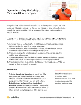 A clinician holds a tablet showing a medbridge care pathway diagram for onsite clinics.