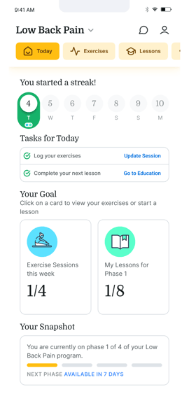 Medbridge app screen showing progress in a low back pain program with today's tasks, goals, and a streak tracker.