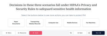 Screenshot of a webpage about HIPAA rules with options for paper documents, transporting medical records, computer use, mobile devices, and fax machines on medbridge.