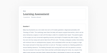 Screenshot of a Medbridge learning assessment page featuring a quiz on Tetralogy of Fallot in a newborn.
