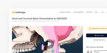 Course page from medBridge featuring a presentation on Head and Cervical Spine in HSD/EDS with anatomical illustration.