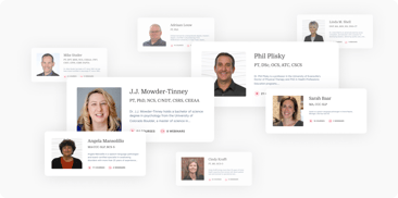 Profile cards of professionals with names, titles, and portraits are displayed on a white background.