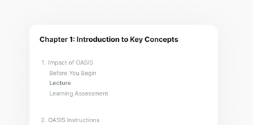 Screenshot of a document titled "Chapter 1: Introduction to Key Concepts," covering topics such as "Impact of OASIS" and "OASIS Instructions" with sections for lectures and assessments, associated with medbridge.