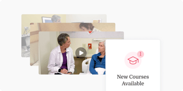 Lab-coated woman converses with an older woman; overlay text reads "New Courses Available" next to a graduation cap icon in a medbridge setting.