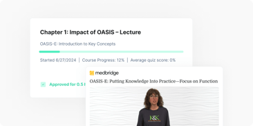 Medbridge lecture on OASIS-E function, 12% complete, with woman presenting slide.