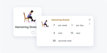 Person doing a seated hamstring stretch on a chair, with medbridge overlay showing 7 days/week, 3 sets, 12 reps, 30 sec hold.