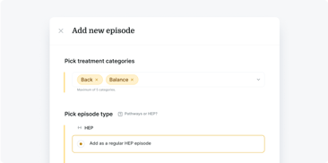 Add new episode form in medbridge with "Back" and "Balance" selected as categories and "HEP" as episode type.