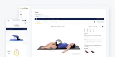 A laptop and smartphone show physical therapy video instructions for trunk rotation and bird dog via medbridge’s digital tools.