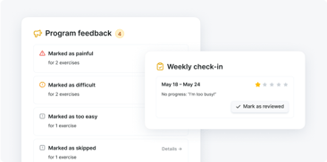 A medbridge interface shows program feedback, status updates, and weekly check-in options for hybrid healthcare training.
