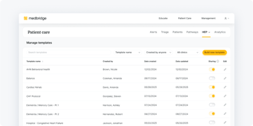 Digital healthcare dashboard listing patient care templates with details and action buttons, branded with medbridge.
