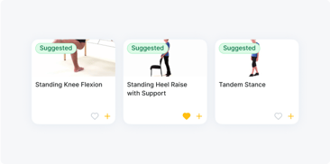 Three suggested medbridge cards show people demonstrating Standing Knee Flexion, Heel Raise with Support, and Tandem Stance.