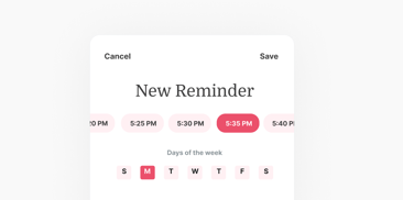 Interface to set a reminder for 5:35 PM on Monday in medbridge, with cancel or save options.
