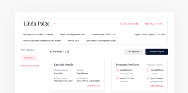 Medbridge dashboard for Linda Paige displays knee pain details, personal info, and program feedback.