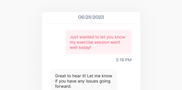 Screenshot of a June 28, 2023, text chat at 5:18 PM praising a successful exercise session with happy responses and offers of help.
