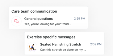 Chat interface showing "Care team communication" and "Exercise specific messages," with queries on general questions and seated hamstring stretch, within medbridge.