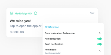 A mobile app notification from medbridge says "We miss you!" with a settings screen for communication options.
