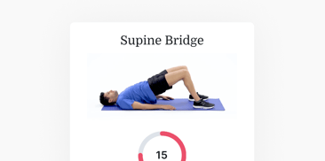 Person doing a supine bridge on a mat with 15 seconds on the timer, associated with medbridge.