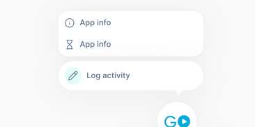A Medbridge app menu with two "App info" options and one "Log activity" option.