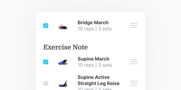 Exercise note: "Bridge March" and "Supine March" exercises, 10 reps each, 3 sets, on medbridge.