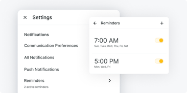 Medbridge digital healthcare settings menu with notification and reminder options, showing two reminders set for 7:00 AM and 5:00 PM.