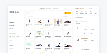 Screenshot of the medbridge exercise builder showing exercise thumbnails, left-side filters, and a program summary on the right.