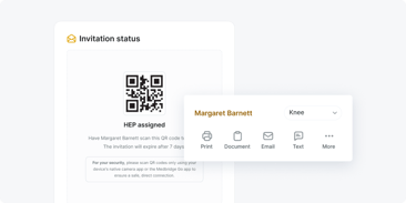 A medbridge screen displays a QR code, invitation for Margaret Barnett’s knee, and print, email, or text options.