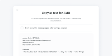A pop-up window shows instructions to copy program info for EMR, with a medbridge code, URL, date, and exercise details.