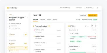 A dashboard shows patient info, activity, feedback, and treatment time for a hand therapy episode using medbridge software.