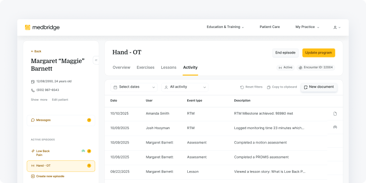A medbridge dashboard shows patient details and a table of hand OT therapy sessions with dates, users, and notes.