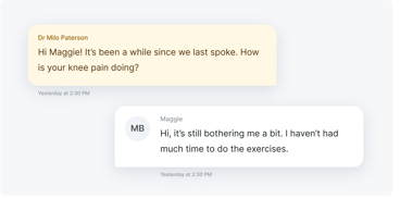 A medbridge chat shows a clinician asking about knee pain, and the patient says it's still there and they haven't exercised much.