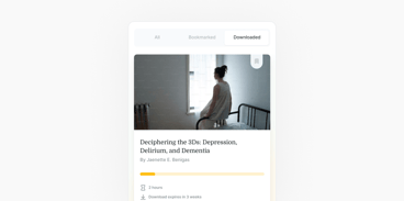 A person sits on a bed near a window with the book "Deciphering the 3Ds: Depression, Delirium, and Dementia" by Jeanette E. Benigas featured below, as part of medbridge content.