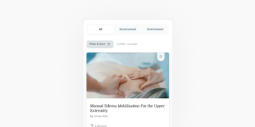 A webpage on medbridge showing a massage therapy course, "Manual Edema Mobilization For the Upper Extremity" by Vivian Dim, with sorting and filtering options.