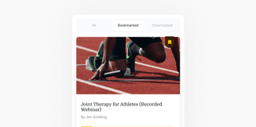 An athlete at the starting line with a 'Joint Therapy for Athletes' webinar by Jim Schilling highlighted above on the Medbridge platform.