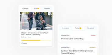 Medbridge dashboard displaying progress: course on 'Effective Interventions for Older Adults' and overdue 'Westside Clinic Onboarding' task list.