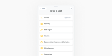 Medbridge app's "Filter & Sort" menu shown with options like Specialty and Courses.