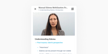 A woman discusses "Understanding Edema" on a light gray background with bullet points.